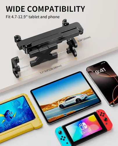 Vista 6 de Soporte para tablet para reposacabezas de automóvil [brazo de extensión resistente 3 en 1] Soporte ajustable para iPad para asiento trasero