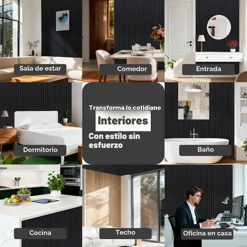 Vista 3 de Paneles de pared de listones de madera de ébano, paneles acústicos modernos oscuros para decoración del hogar, 47 x 24 pulgadas, paquete de 4