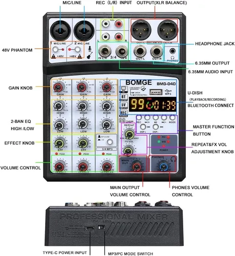 Vista 9 de BOMGE 04D portátil bluetooth 4 canales DJ mezclador de sonido de audio consola de mezcla con interfaz USB, entrada de alimentación fantasma de 48 V