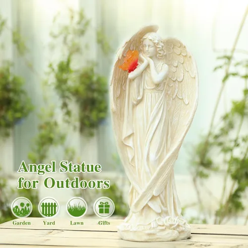 Vista 2 de Figura de ángel, grandes estatuas de jardín de ángel para exteriores con luces LED solares de mariposa, decoración de césped, adorno escultórico
