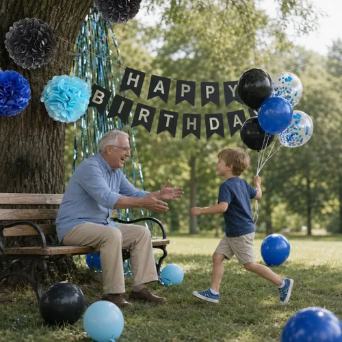 Vista 2 de ANSOMO Decoraciones de Fiesta de Cumpleaños Azul y Negro para Niños Hombres Pancarta Globos Azul Marino Azul Real Azul Claro Pompones Cortina