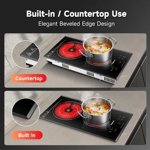Vista 5 de Placa de cocina eléctrica de 2 quemadores, estufa de cerámica portátil con 9 niveles de potencia y temporizador, 1800 W 120 V, bloqueo de seguridad