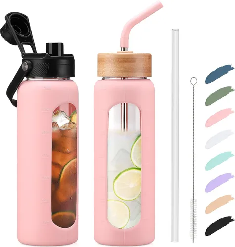 Vista 79 de Botella de agua Kodrine con pajita, botella de vidrio de 24 oz con 2 tapas, una de pajita de bambú y otra con pico y asa, botella de vidrio