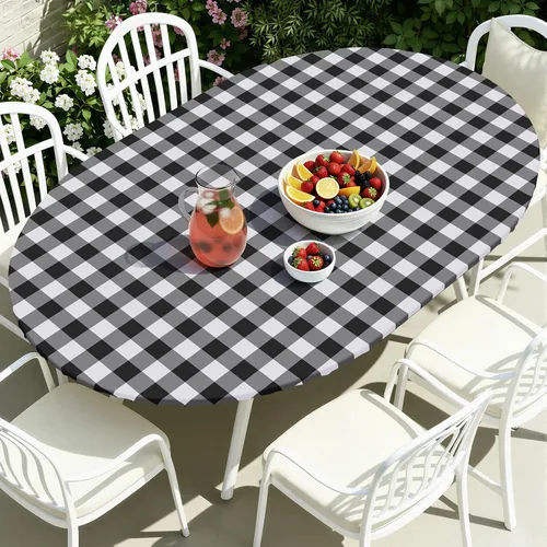 Vista 28 de Smiry - Mantel redondo de picnic de vinilo elástico impermeable con respaldo de franela, mantel de vinilo ajustable para mesas de 31-35 pulgadas