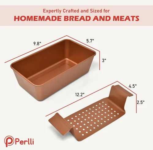 Vista 7 de PERLLI Molde para pan de carne con bandeja de goteo, 2 unidades, 9.8 x 5.7 pulgadas, sartén antiadherente de cobre para pastel de carne con bandeja