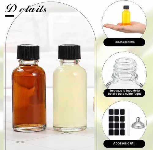 Vista 2 de Hsei Botella de vidrio de 1 oz con tapa negra, botella redonda Boston transparente para muestras, recipientes de vidrio pequeños con tapas y embudo