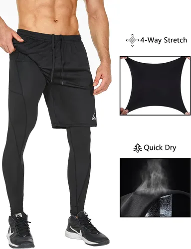 Vista 3 de SILKWORLD Pantalones de correr 2 en 1 para hombre, pantalones deportivos de compresión, leggings de entrenamiento con bolsillos con cremallera