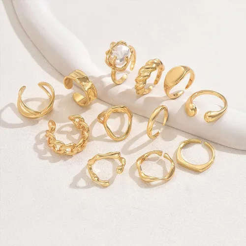 Vista 5 de Juego de anillos de nudillos apilables de oro grueso vintage, delicados, geométricos, cúpula, hippie, paquete de anillos abiertos para mujeres, punk