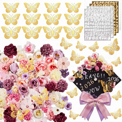 Vista 8 de Hanaive Kit de decoración de 76 piezas de birrete de graduación, incluye flores sintéticas 3D mariposa alfabeto letras calcomanías para graduación