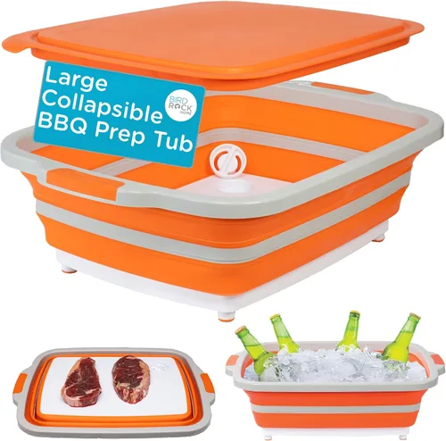 Vista 10 de BIRDROCK HOME Tina plegable grande de preparación para barbacoa con tabla de cortar, organizador de parrilla multifunción con colador y tapa, cuenco