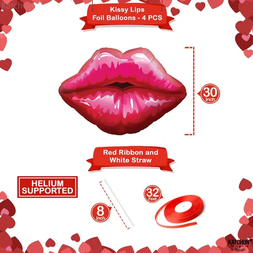 Vista 5 de KatchOn, Red Lip Balloons Set - Large 30 Inch, Pack of 4 Happy Valentines Day Banner - XtraLarge 72x44 Inch Glitter Red Hanging Heart Swirls