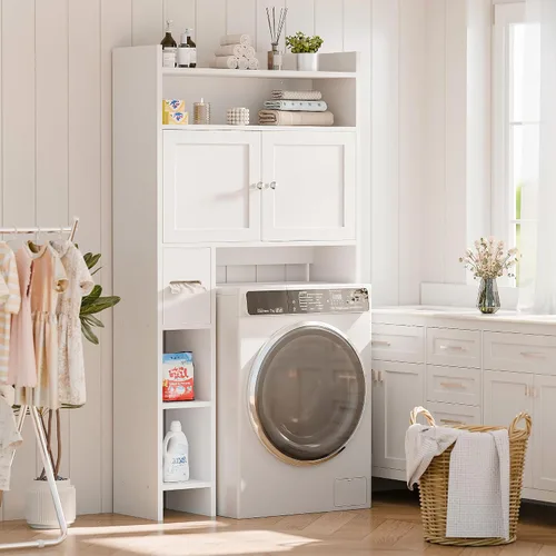 Vista 7 de MU Gabinete de almacenamiento sobre el inodoro con puertas, organizador de almacenamiento de baño de 32 pulgadas con estantes laterales, estante