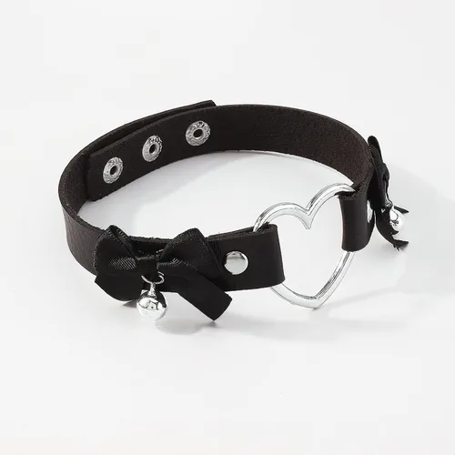 Vista 2 de Gargantilla de cuero con forma de corazón gótico, alas de murciélago, collar de gato, cadena de lazo punk, cascabel, cascabel, collar de cinta