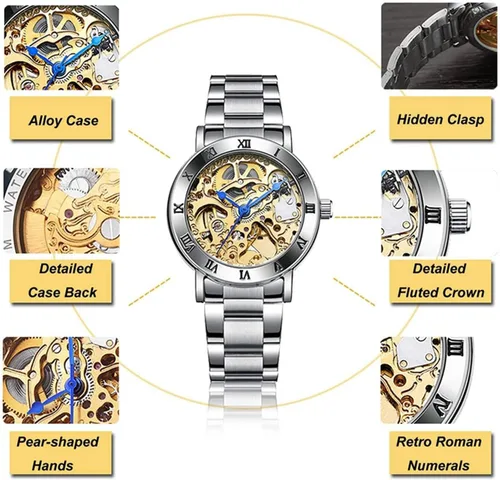 Vista 7 de MASTOP Relojes para mujer, reloj automático Steampunk de cuerda automática, pulsera de plata, reloj de pulsera de esqueleto para mujer
