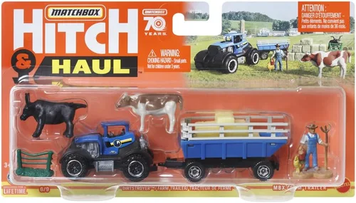 Vista 5 de Matchbox Collectors - Juego de enganche y transporte fundido a presión para 70 años de aniversario, MBX Farm Trailer ~ Tractor Dirtstroyer azul