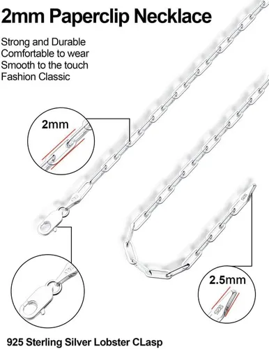 Vista 5 de 925 Sterling Silver Clasp Paperclip Chain 2345mm Necklace for Women Men Silver Link Chain Necklace for Women 16182022242630 Inches