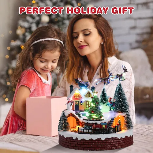 Vista 5 de Vipush Decoraciones de Casa de Pueblo Navideño de Resina Juego de Tren con Papá Noel Volador Decoración del Hogar Interior Figuras de Edificios Tren