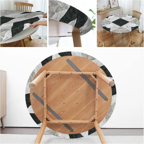 Vista 5 de Mantel redondo de mármol con bordes elásticos, patrón de fondo de mármol, diseño de cultura marmoleada, impermeable y lavable, color beige negro, se