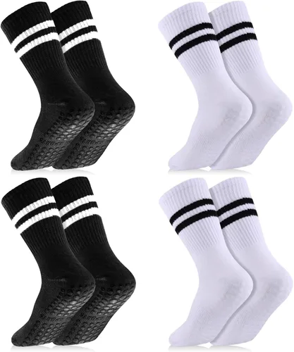 Vista 7 de Jspupifip 4 pares de calcetines largos de pilates con agarre, antideslizantes, para yoga, pilates, barre, entrenamiento, hospital, 4 pares
