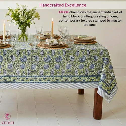 Vista 3 de ATOSII Mantel 100% algodón, Amara, floral, hecho a mano, rectangular, de lino, para cocina, comedor, fiestas, bodas, exteriores, picnics, Pascua