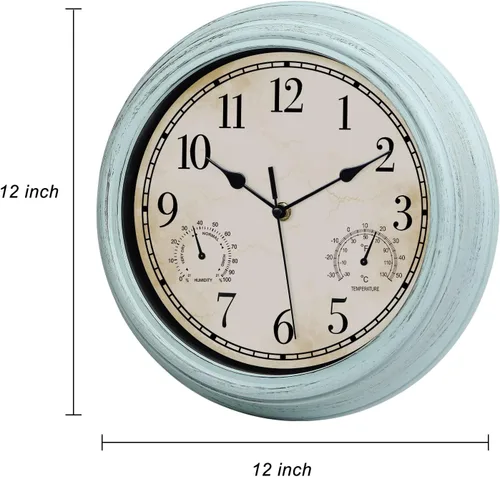 Vista 5 de Reloj de pared retro impermeable de 12 pulgadas para interiores y exteriores, con termómetro e higrómetro, funciona con pilas, reloj de pared