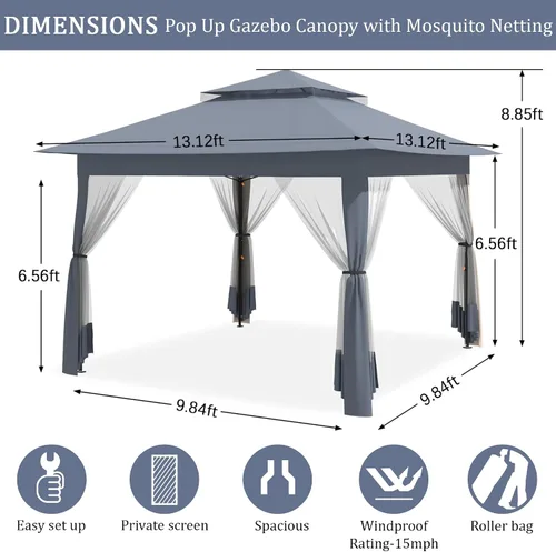 Vista 3 de yoyomax Gazebo desplegable para exteriores de 13 x 13 pies, tienda de campaña portátil con red, techo doble y 169 pies cuadrados de sombra