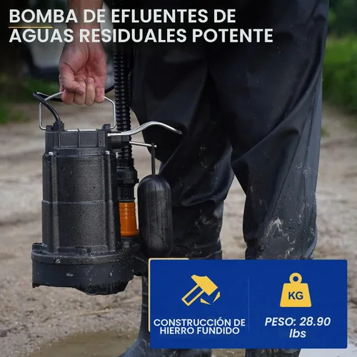 Vista 2 de Acquaer Bomba sumergible de aguas residuales/efluentes de 1/3 HP, bomba de sumidero de hierro fundido de 3680 GPH con interruptor de flotador