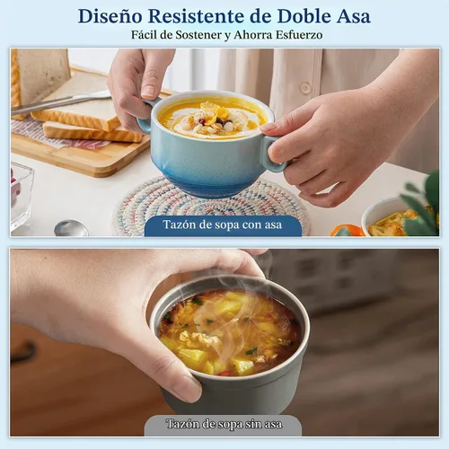 Vista 5 de LOVECASA Cuencos de Sopa Multicolor de 12 OZ con Asas, Cuencos Pequeños de Cerámica para Sopa de Cebolla Francesa, Mini Tazas de Sopa Cuencos