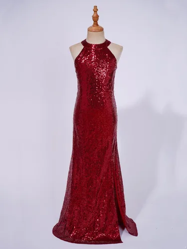 Vista 3 de Rswnyirn Vestidos de lentejuelas para niñas, diseño de sirena, con cuello halter, brillante, para concurso, fiesta, princesa, baile de graduación