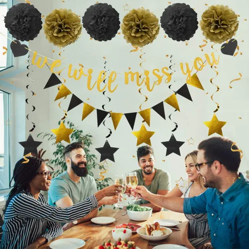 Vista 4 de Kit de suministros de decoración de fiesta de despedida – 14 piezas – Bandera de Te Extrañaremos, Bandera triangular, 6 espirales de estrella, 6