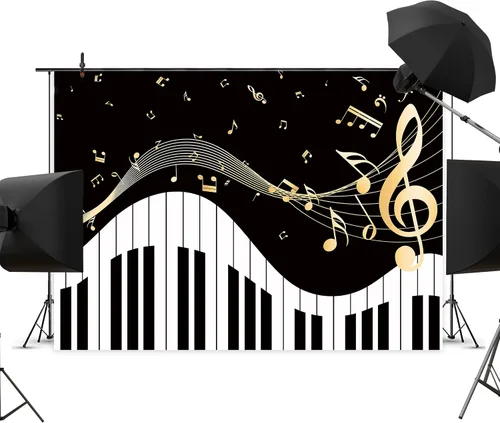 Vista 3 de Newsely Fondo de Tema de Piano 7 pies de ancho x 5 pies de alto Fotografía Notas Musicales Doradas y Teclado de Piano Fondo Elegante Moderno de Moda