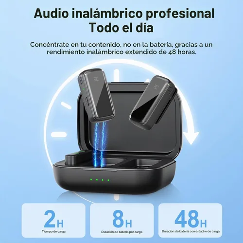 Vista 3 de EX Sistema de micrófono inalámbrico Lavalier, micrófonos de doble clip + funda de carga, rango de 164 pies Plug-and-Play para iPhone/Android Negro
