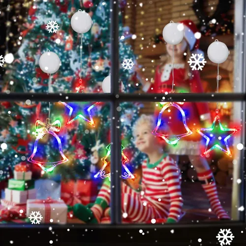 Vista 5 de Luces de decoración de Navidad, 3 luces de Navidad para ventana, funciona con pilas, decoración de ventana de Navidad, árbol y cascabel