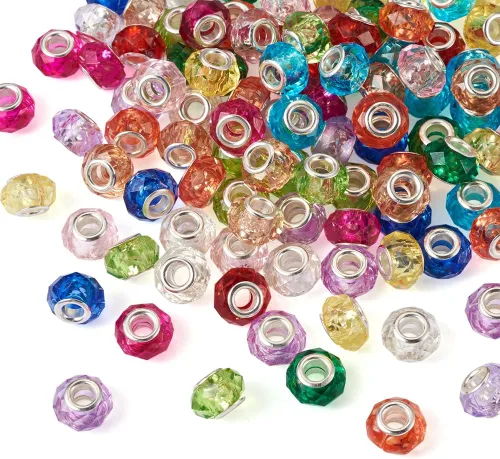 Vista 2 de 120 cuentas redondas planas europeas transparentes facetadas grandes con núcleos de latón chapados en plata, cuentas de cristal de imitación