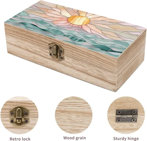 Vista 3 de Sunset Ocean Waves Wooden Storage Box with Hinged Lock,Decorative Handmade Keepsake Jewelry Chest, Elegant Retro Decor Boxes, Compact Organizer Box