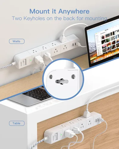 Vista 6 de One Beat Cable de extensión de 10 pies, regleta protectora de sobretensiones, 8 tomas de CA amplias, 3 USB, enchufe plano, estación de carga