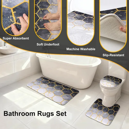 Vista 3 de BSSN Juego de 25 accesorios de baño negros y dorados con cortina de ducha y alfombras, basura, cepillo de inodoro, dispensador de jabón, soporte