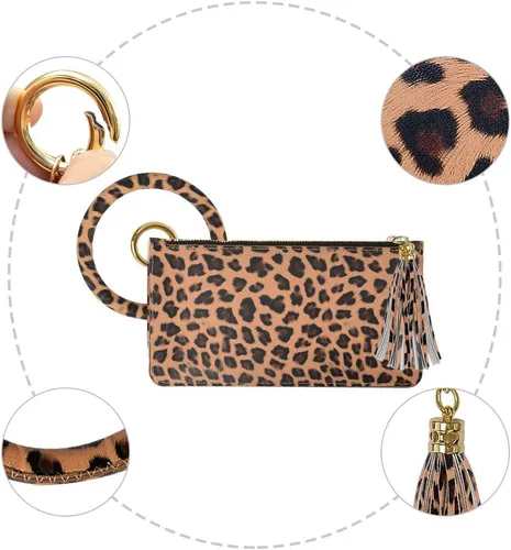 Vista 2 de Llavero-brazalete, brazalete de cuero con borla para mujer, Leopard 2