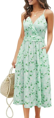 Vista 9 de Ouges Vestido corto de verano para mujer, con cuello en V, tirantes delgados, estampado floral y bolsillos, de fiesta