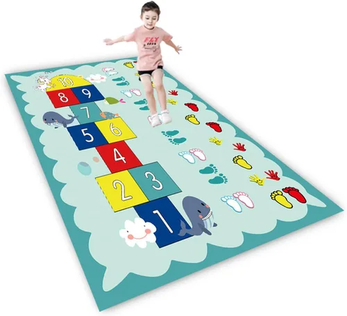 Vista 10 de Alfombra Hopscotch para niños, divertida alfombra de juego educativo, antideslizante para aprendizaje de números, alfombra de guardería para sala