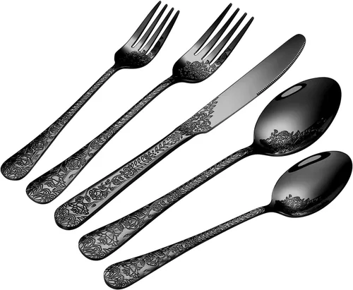 Vista 10 de Juego de cubiertos negros de 20 piezas para 4, juego de cubiertos de acero inoxidable de grado alimenticio, incluye tenedor/cuchillo/cuchara, juego