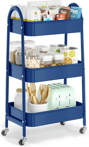 Vista 8 de EAGMAK Carrito rodante de 3 niveles, carrito de almacenamiento de metal grande con asa y ruedas con cerradura, organizador de almacenamiento