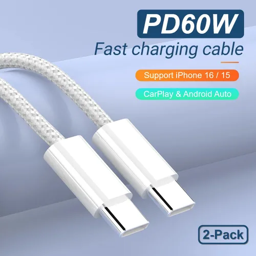 Vista 2 de Paquete de cables USB C a USB C, 2 cables azules + 2 blancos + 2 cables de carga rápida trenzados negros de 3.3 pies, cable PD tipo C de 60 W