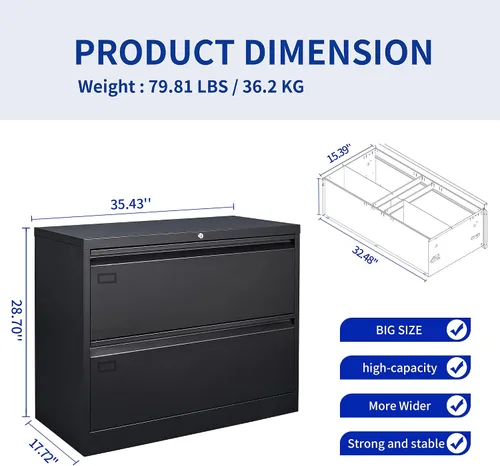 Vista 3 de Archivador de 2 cajones, archivador lateral negro con cerradura, archivador de metal con cerradura para oficina en casa, archivadores de oficina