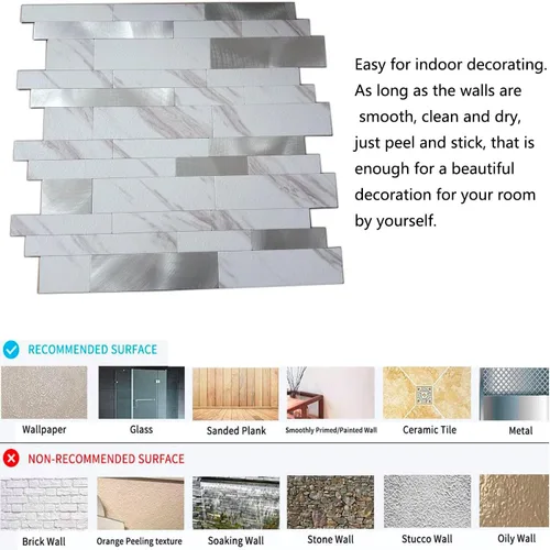 Vista 5 de XUANINY 10 hojas de azulejos metálicos despegar y pegar para protector contra salpicaduras, autoadhesivos de aluminio 3D, adhesivos de pared