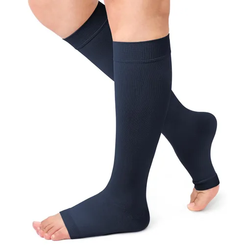 Vista 7 de Beister Calcetines de compresión médica para mujeres y hombres, puntera abierta hasta la rodilla, pantorrilla alta, medias firmes de apoyo graduado
