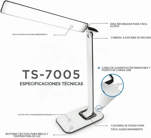 Vista 6 de Turcom Lámpara de escritorio LED con puerto de carga USB, controles