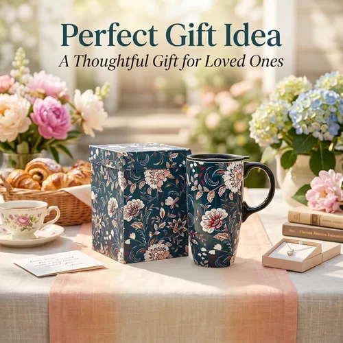 Vista 9 de Topadorn Taza de Café de Cerámica de Porcelana Latte Taza de Té con Tapa y Caja de Regalo 17oz, Flor Azul