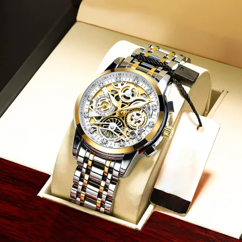 Vista 4 de Gosasa Relojes de lujo ahuecados para hombre, cronografía de diamantes de alta calidad, reloj de moda para hombre, calendario de acero inoxidable