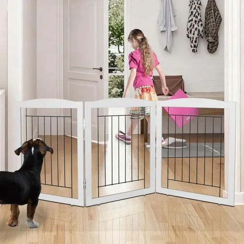 Vista 12 de ZJSF Puerta plegable independiente para perros para casa, puerta de madera extra ancha para cachorros, escaleras, puertas para mascotas, valla alta